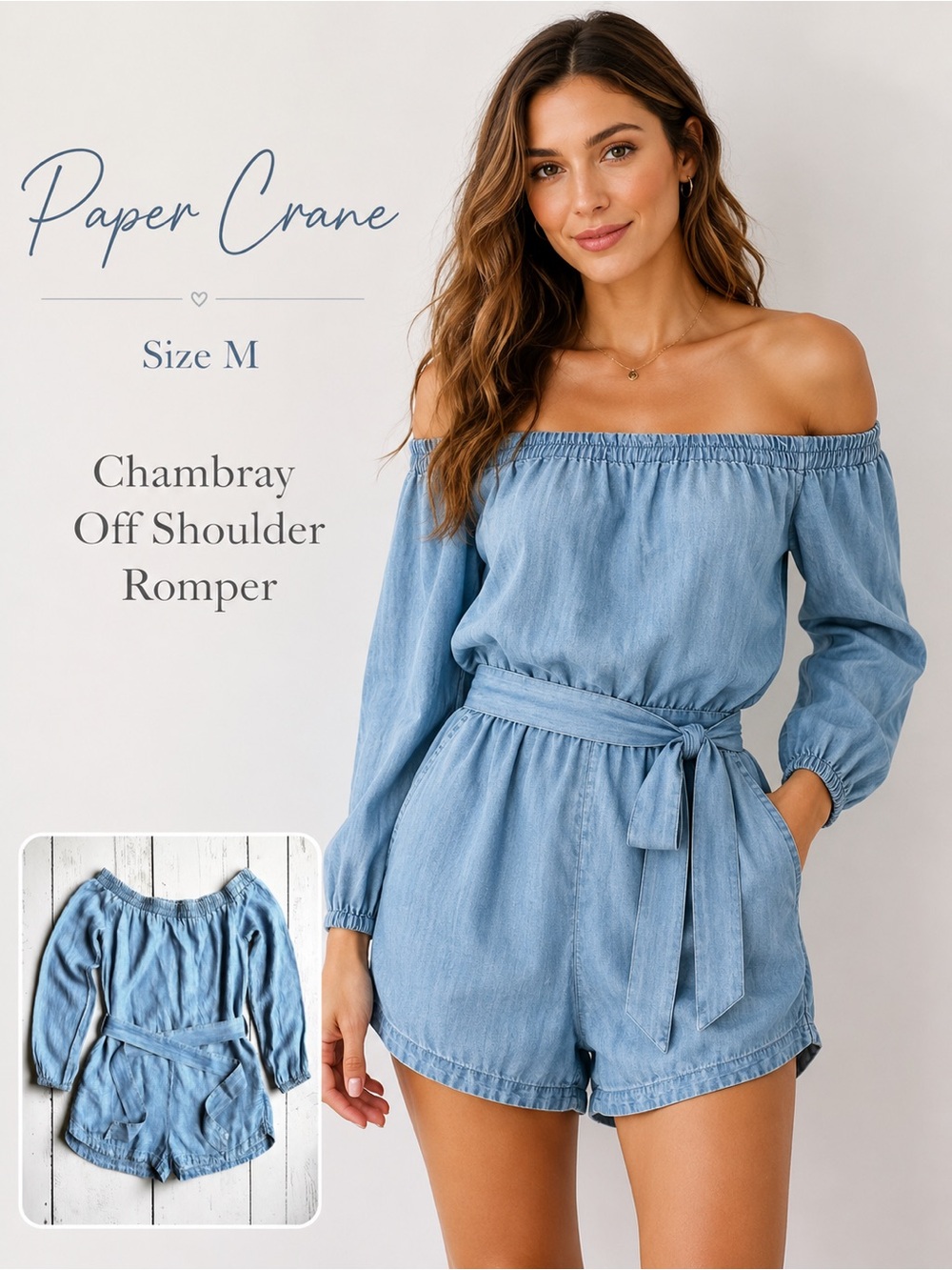 Paper Crane Chambray Off Shoulder Belted Romper Size M Tencel Lyocell